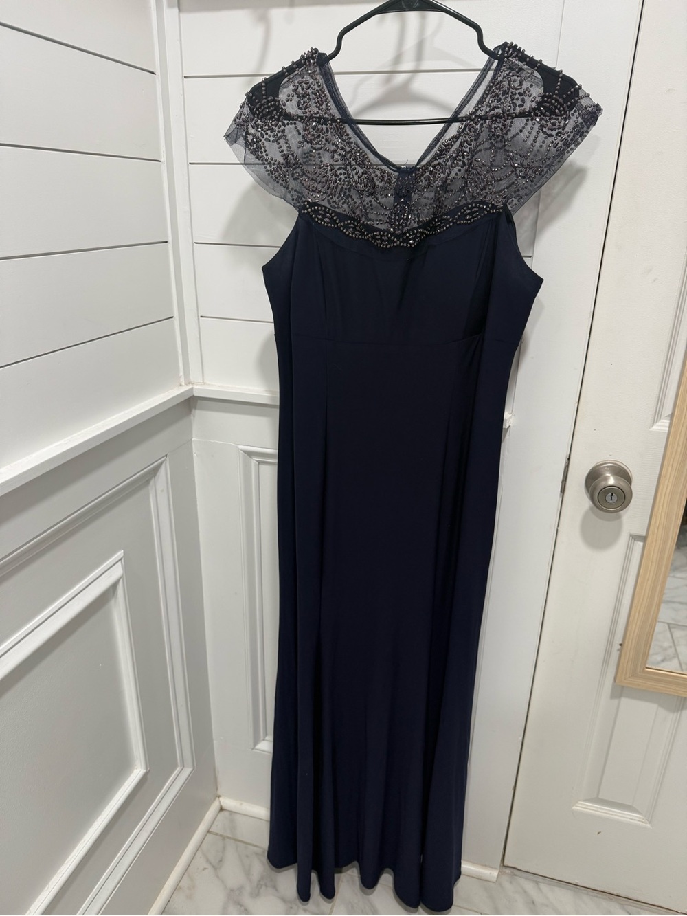 R&M Richards Navy Beaded Illusion Yoke Maxi Dress